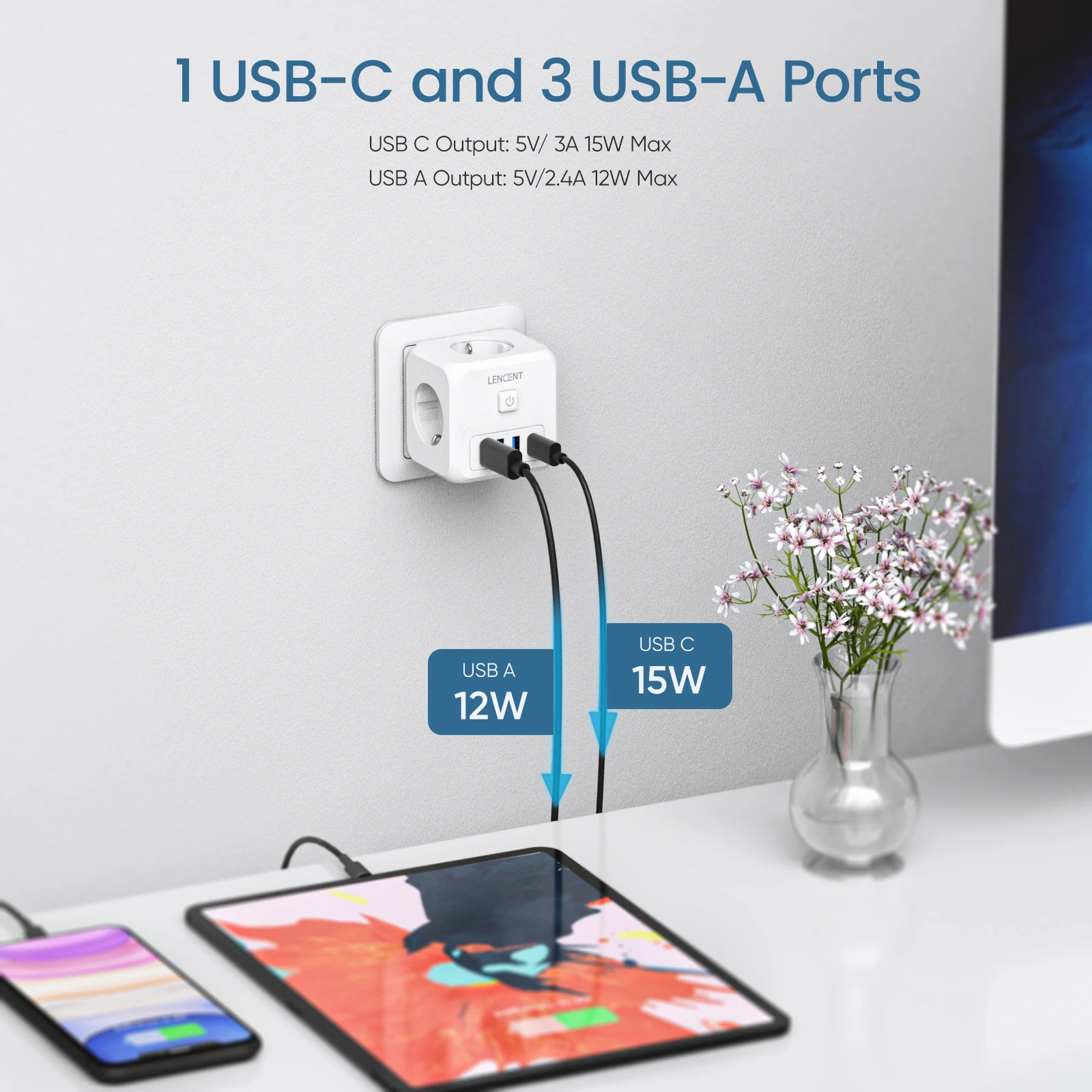 LENCENT ue wtyczka zasilania taśmy z 3 gniazda AC + 3 porty USB do ładowania + 1 typ C 5V 2.4A Adapter 7-w 1 gniazdo wtykowe On/Off przełącznik