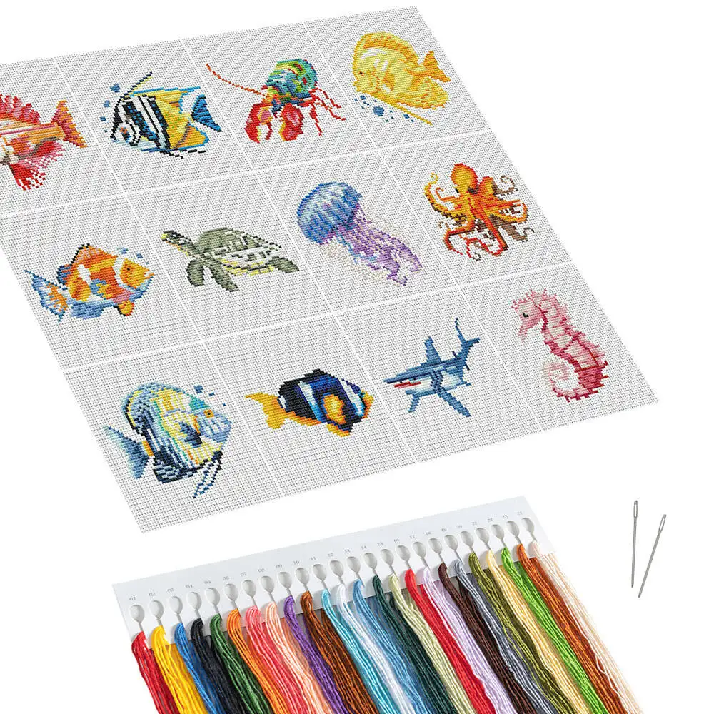 12pcs Fish Cross Stitch Set Seahorse Embroidery Kit Needlework Bathroom Decor Creative Hobbies Wall Paintings