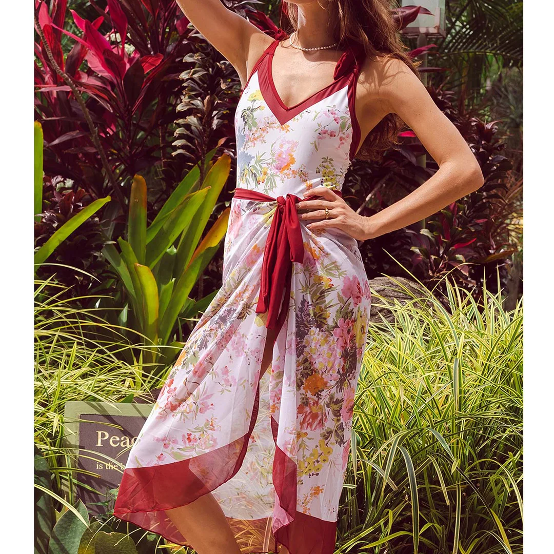 S - XL, einteiliger Badeanzug mit Blumenmuster und geknotetem Rock, Damen-Badebekleidung, Damen-Badeanzug mit Blumenmuster, V-Ausschnitt, Badeanzug, Modell V3965. – Detail 28