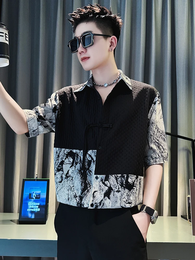 

Premium Tied-Dye Patchwork Ice Silk Casual Shirt Short Sleeve Men's Summer Top Youth Fashion Sport Standard Fit Plant Floral