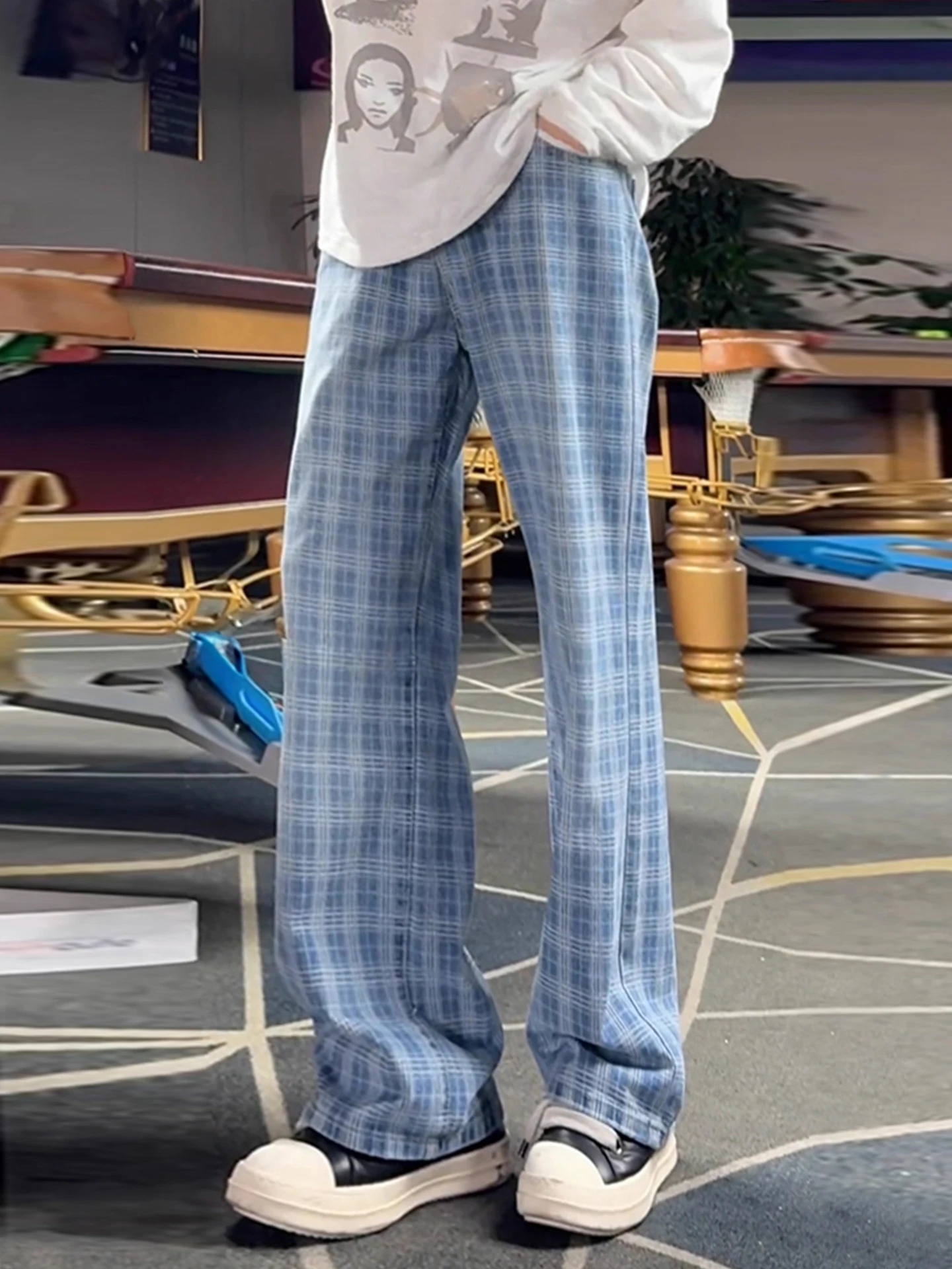 

Мужские джинсы с высокой талией, в клетку, с вышивкой, в американском уличном стиле, свободные, прямого кроя, на шнурке, для повседневной носки