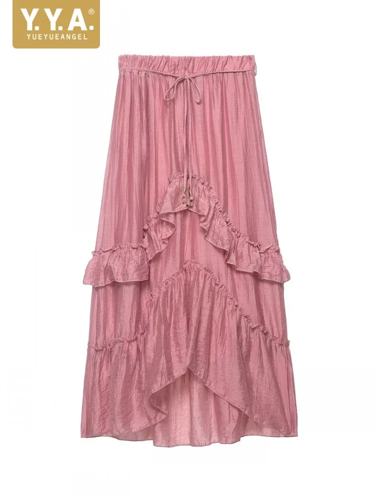 

Elegant Women Summer Ruffles Spliced Ankle Length Skirt Elastic Waist A-line Long Skirts Fashion High Waisted Date Holiday Skirt