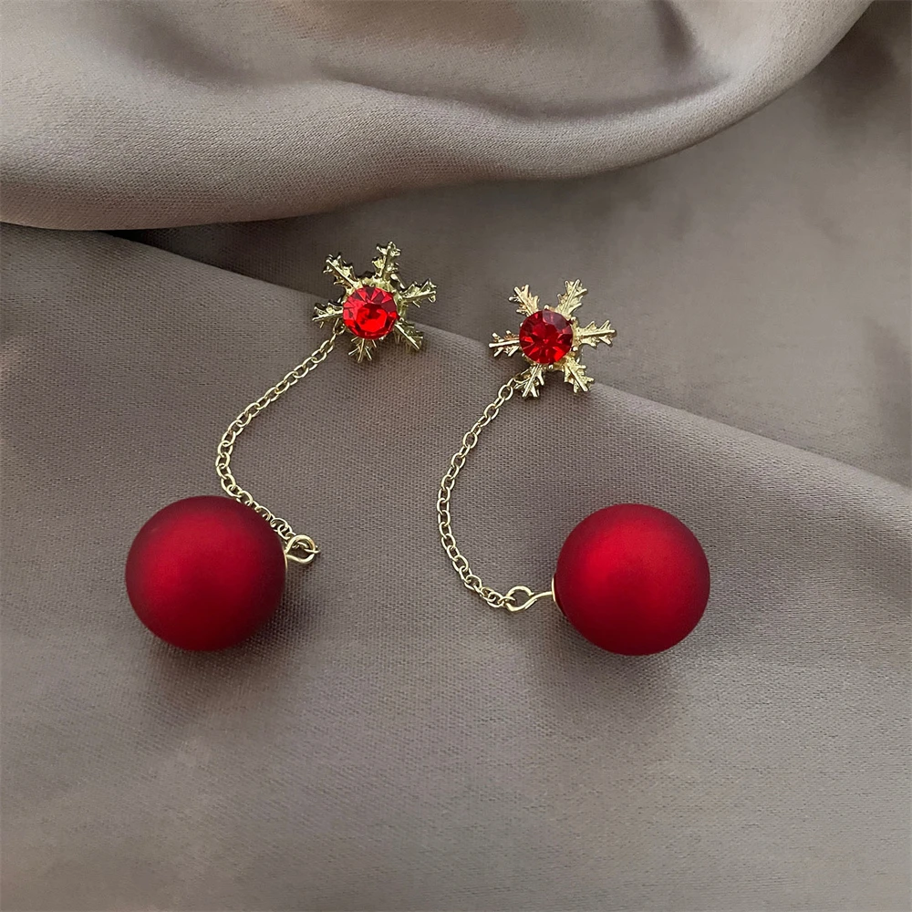 Vintage Red Pearl Long Tassel Christmas Earrings For Women Korean Fashion Shiny Crystal Snowflake Dangle Earrings Jewelry Gifts