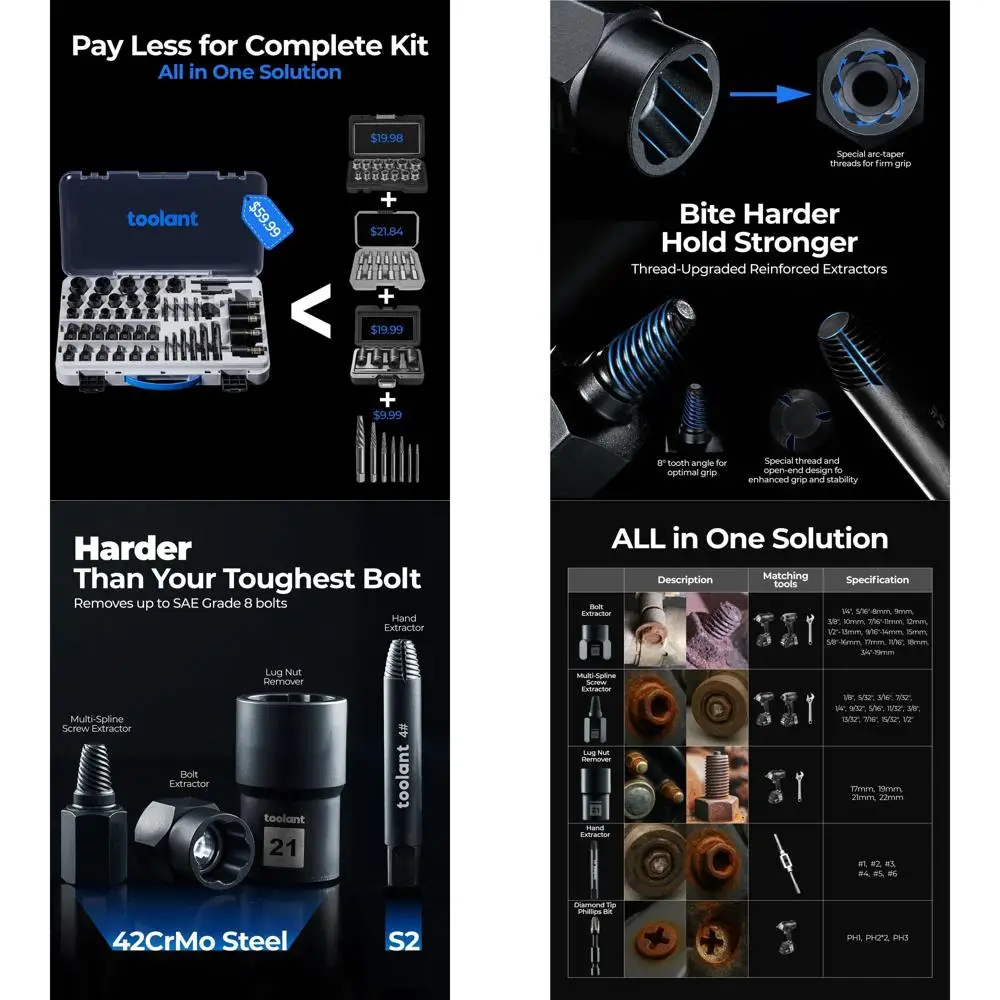 

Набор инструментов Toolant 46 предметов для извлечения поврежденных болтов, набор головок для снятия болтов и гаек, экстрактор для обломанных или поцарапанных болтов и винтов