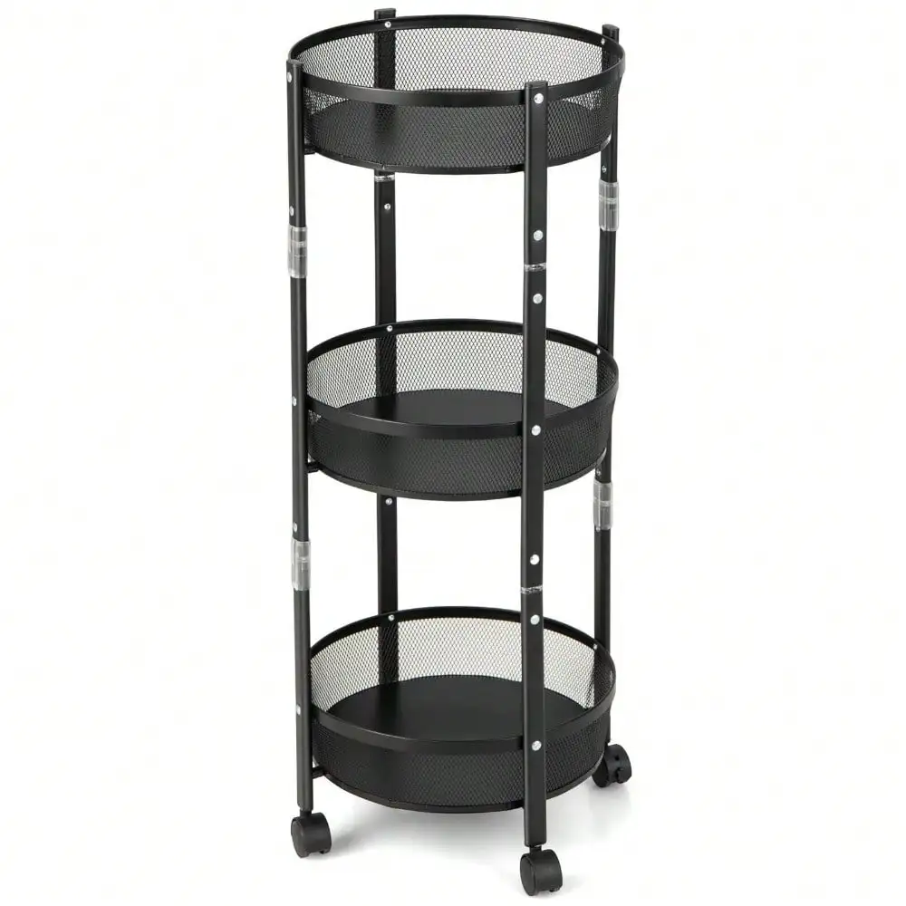 3-Tier Rotating 1-Second folding Storage Rack Metal Rolling Utility Cart Round