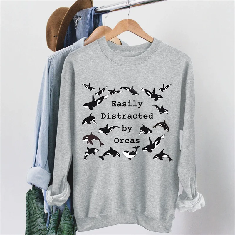 Autumn and winter warm women's clothing is easily distracted by orcas dolphin cute print fashion crewneck fleece hoodie
