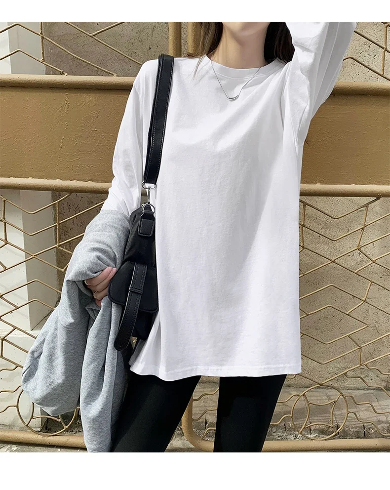 Autumn White Black Tops Women Korean Appliques Split Cotton T-shirt Female Long Sleeve Casual Loose Basic Shirt S-xl