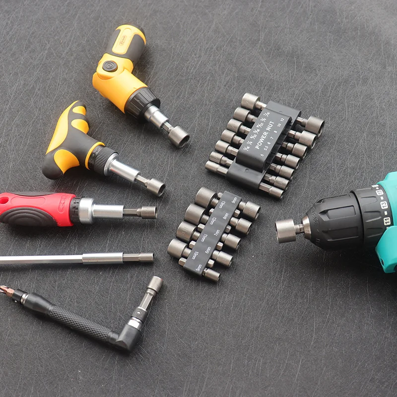 9/14pcs Nut Driver Bit Socket Sleeve Nozzle Nut Hexagonal Handle Batch Socket Head Hand Drill Electric Screwdriver Accessories