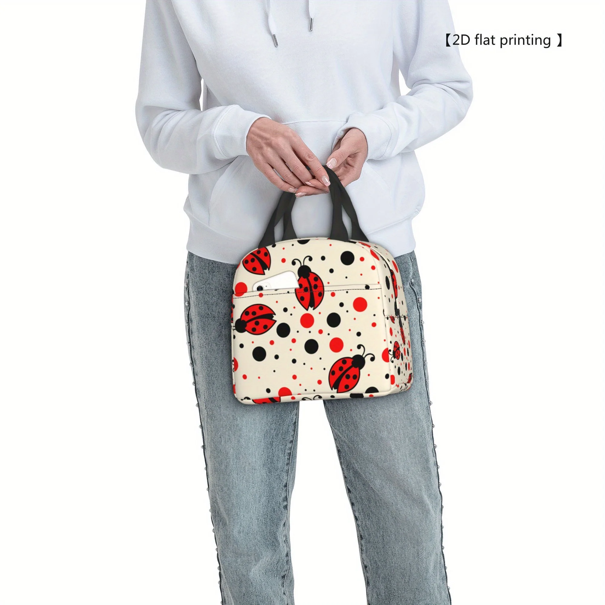 Non-Food Contact Reusable Ladybug Polka Dot Insulated Lunch Bag - Portable Cooler Tote for Work, School, Camping & Picnics - Dur