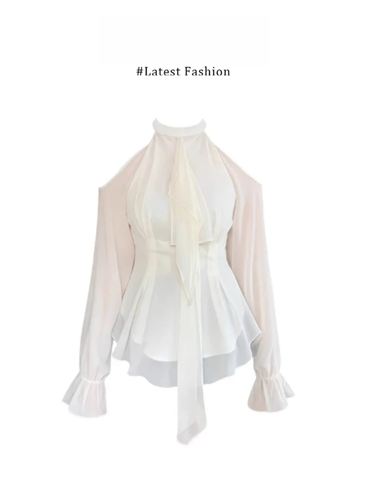 Elegante Camisa de Manga Campana con Escote Bardot para Mujer, Estilo Delicado, Cintura Ajustada, Nueva Moda de Verano, Fibra de Poliéster