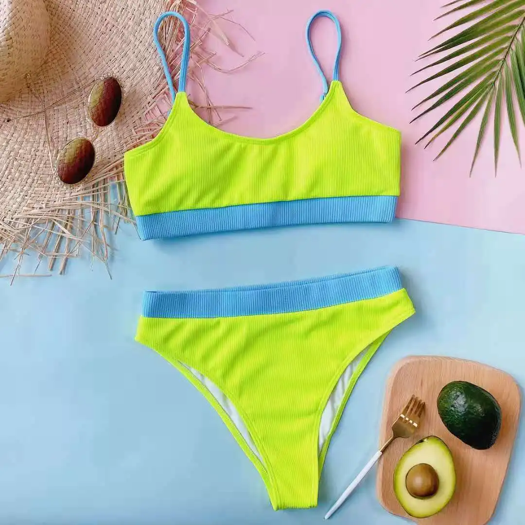 Zestaw Bikini z wysokim stanem dla kobiet Color Block strój kąpielowy 2-częściowy wysokie cięcie strój kąpielowy bezczelny neonowy żółty strój