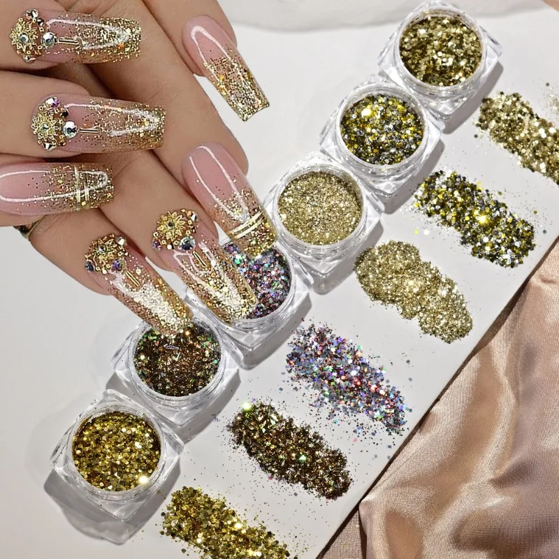 6 Stück/1 Set Spiegel-Nagelpuder Pigment Gold Silber Reibbarer Holographischer Aurora Schillernder Metallischer Nagelkunst-Puder zur Dekoration