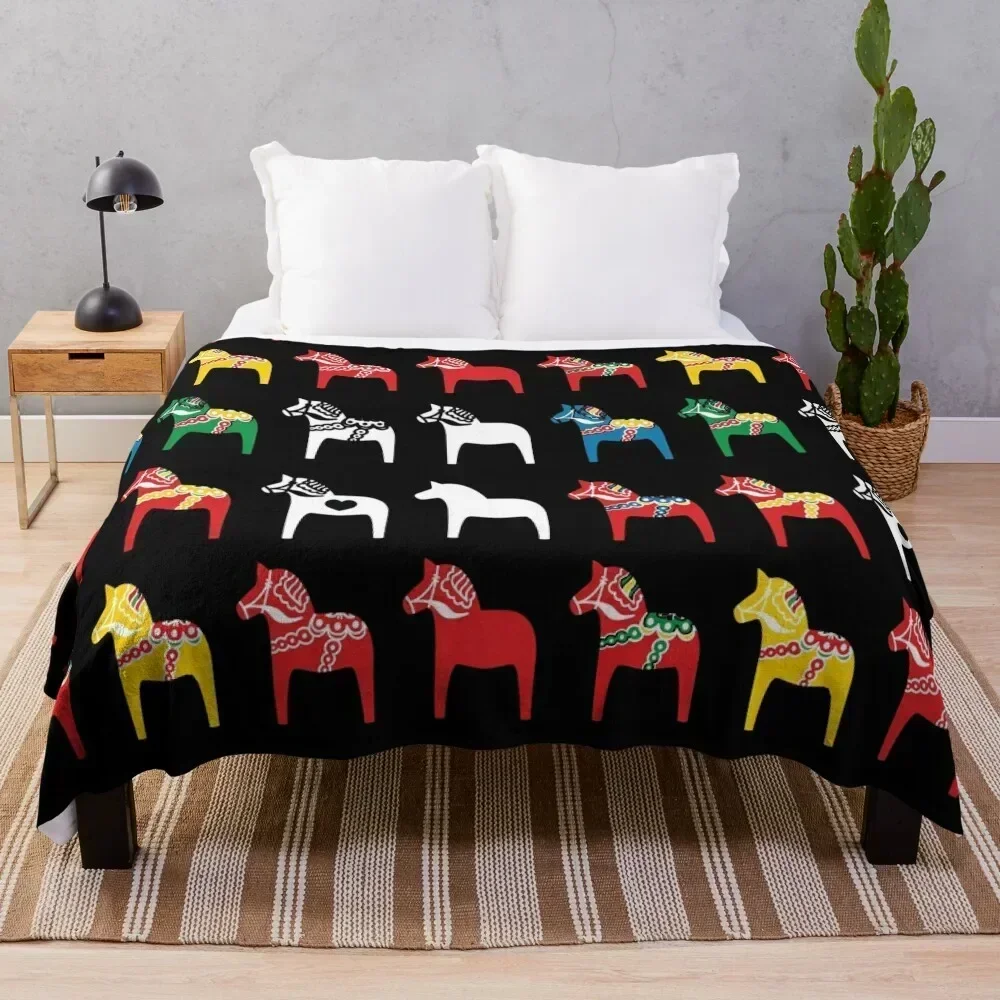 

Dala Horses Dalarna Sweden Horse Dalecarlian Swedish Colorful Throw Blanket Weighted Blankets For Bed Luxury Blankets