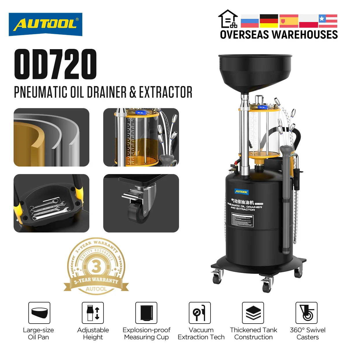 AUTOOL OD720 Pneumatic Waste Oil Drainer Oil Picker Machine Oil Extracting Waste Oil Recovery 70L  0.6-0.8bar Cars Accessories