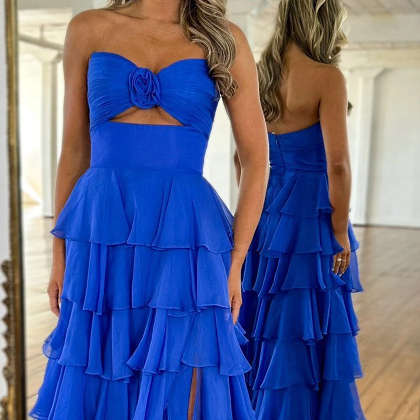 シャロンは言った-女性のためのスリット付きの段付きフリル、エレガントな青いシフォン、ストラップレスロングガウン、カスタマイズされた誕生日パーティー、sh367