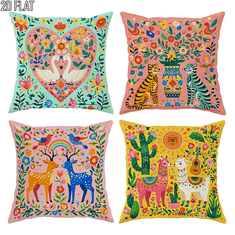 1/4pcs Boho Folk Art Throw Pillow Covers,Vibrant Animal & Floral Decorative Cushion Cases Home farmhouse decoration