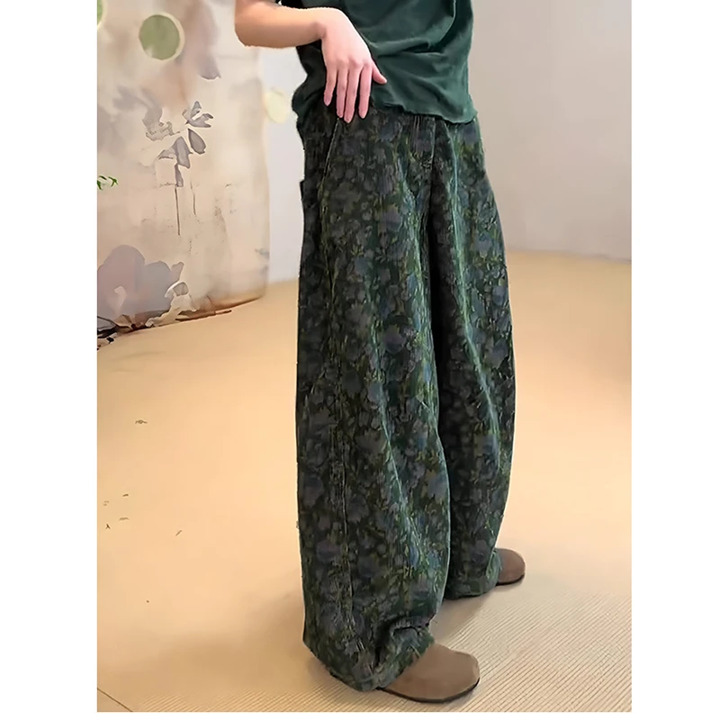 European Style 2025 New Arrival Spring Summer Women Vintage Print Ankle-length Pants Casual Loose Elastic Waist Harem Pants T146