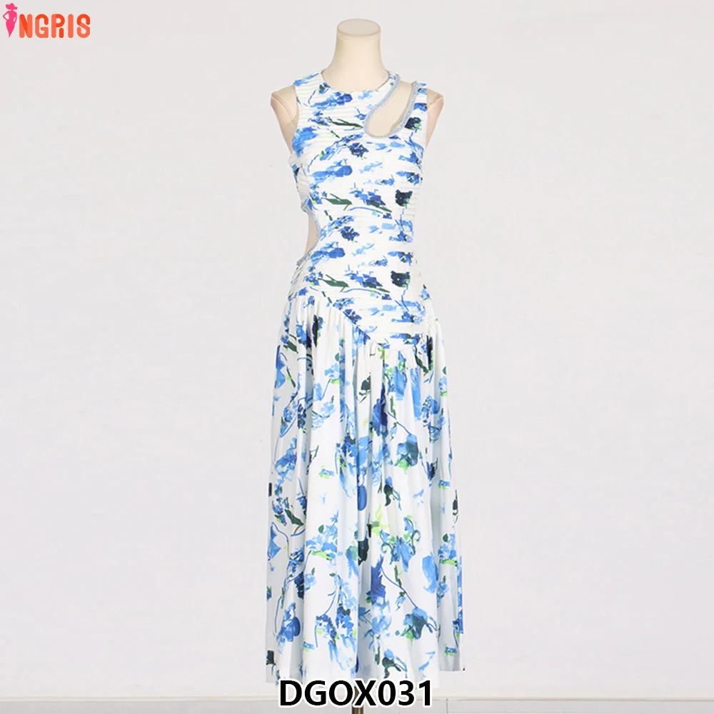 

2025 Summer Elegant Sleeveless Floral Printing Hollow Out a Line Maxi Dress Women-DGOX031
