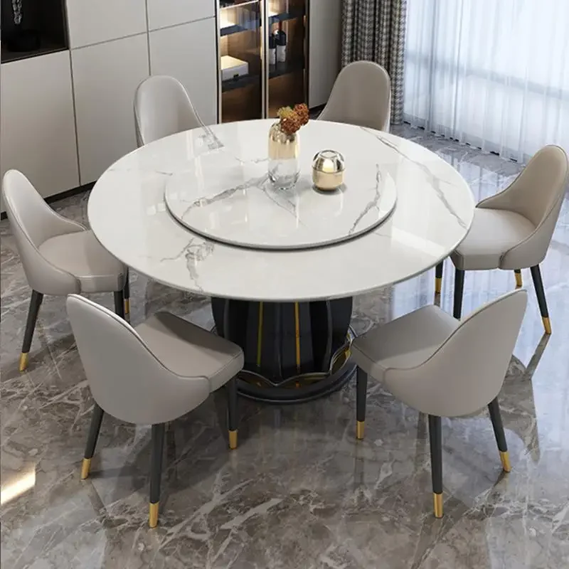 

Modern Minimalist Light Luxury Round Table With Turntable Nordic High-end Rock Slab Dining Table And Chair Combination Home