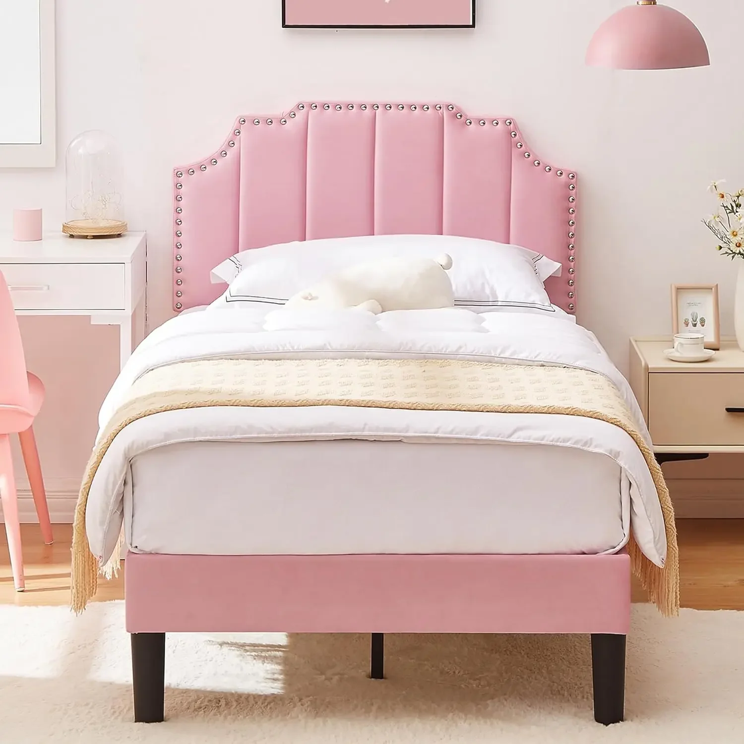 Twin Upholstered Platform Bed Frame for Kids,Girls,Boys,with Tufted Adjustable Headboard/Mattress Foundation/Wood Slat Support