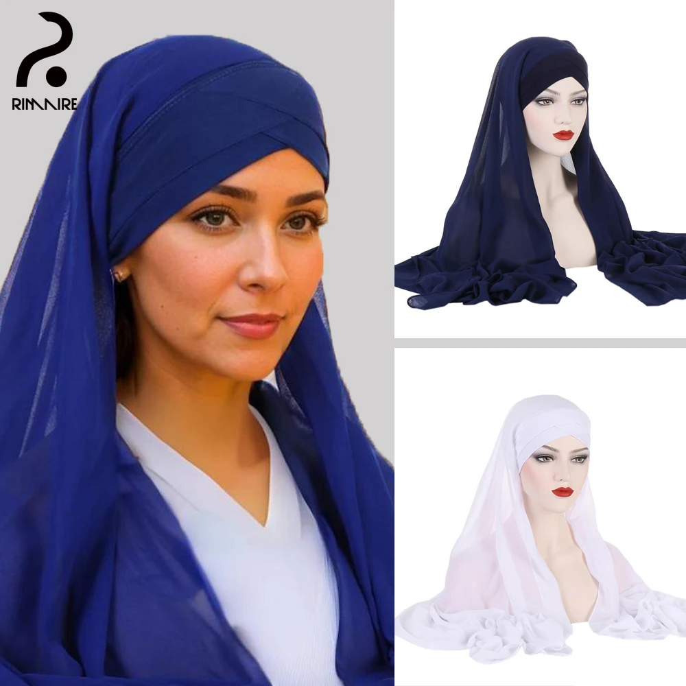 Conjunto de hijab chiffon para mulheres, lenço sólido com chapéu interno, respirável, azul, café, branco, moda, primavera e outono