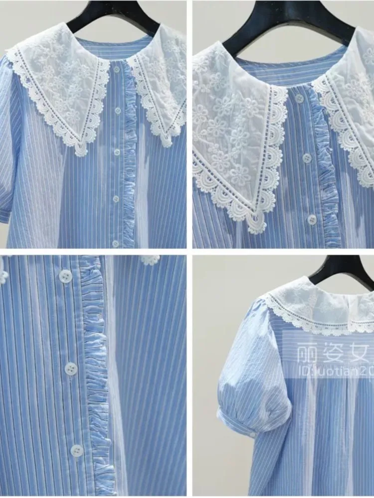 الصيف الدانتيل الأزرق الأبيض منقوشة رقيقة القطن البلوزات بيتر بان طوق قصيرة الأكمام الحلو قصيرة فضفاضة قمصان السيدات قمم