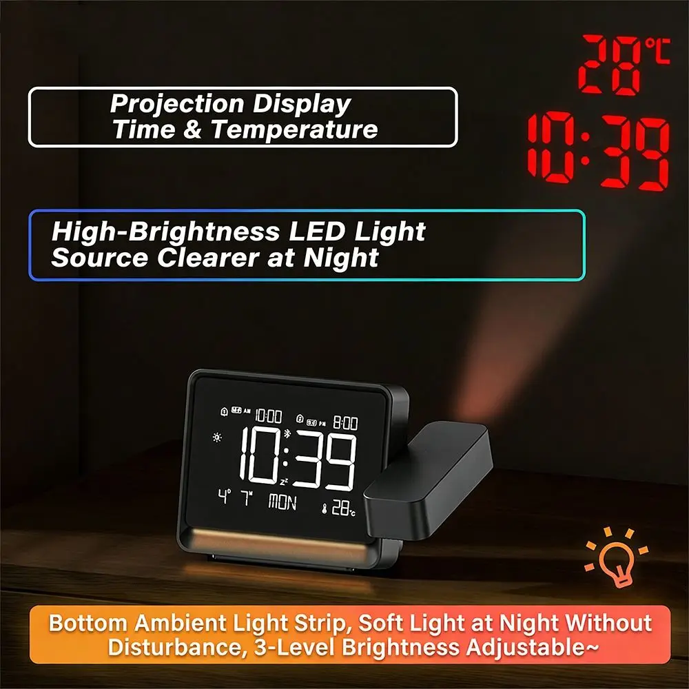180° Rotatable Projection Digital Alarm Clock Brightness Dimmer LED Display Electronic Table Clock Temperature Display USB