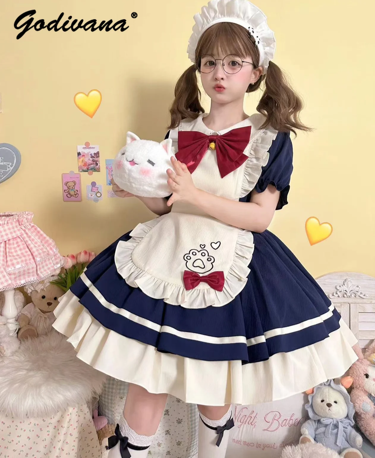 

Japanese Style Cute Op Apron Maid Lolita Dress 2024 Spring and Summer Girl Female Sweet Short Sleeve Dress Cosplay Clothes