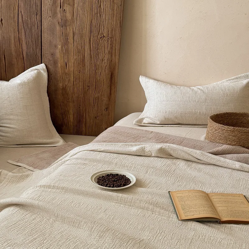 Luxury Cotton Linen Jacquard Bedspread 3-Piece Set, Enzyme Washed Soft Breathable Bed Cover, All-Season Lightweight Quilt