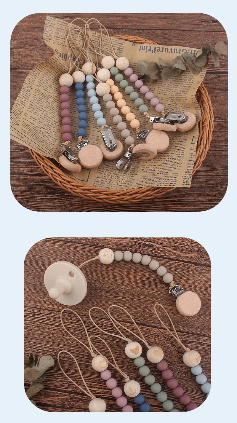 개인화 된 아기 젖꼭지 클립 사용자 정의 이름 실리콘 구슬 젖꼭지 더미 클립 새겨진 유아 나무 젖꼭지 홀더 신생아 선물