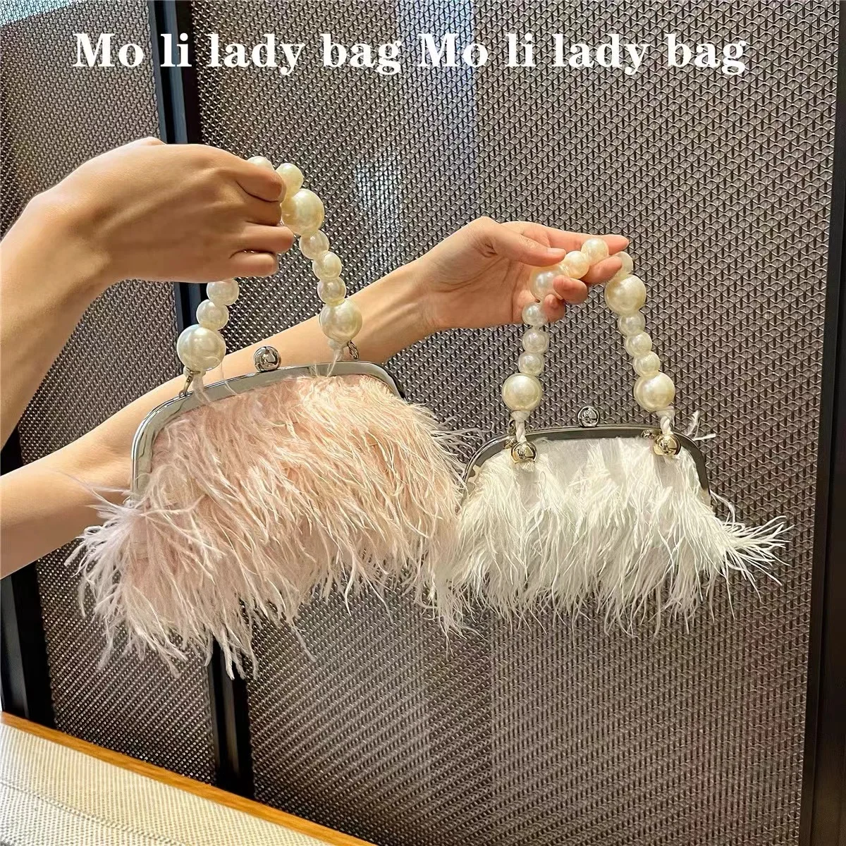 

High Quality Ostrich Hair Square Bag Women Fashion Handbag Pearl Beading Evening Bag Wedding Party Clutch Purse Crossbody Bag