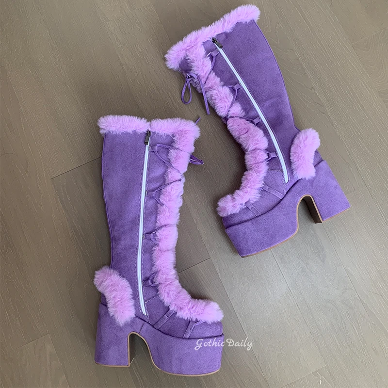 Buty na platformie wysokie do kolan puszyste buty Bratz niebieskie czujność masywna Lolita biała śnieżna pluszowa gotycka łódź buty dla lalek Y2K