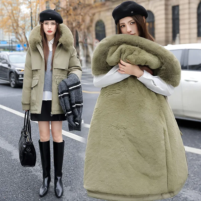 

Jacket Parkas Women Winter Coat Fur Collar Pockets Zipper Overcoat Female Jacket Parka Thick Warm Cotton Padded Outwear Long