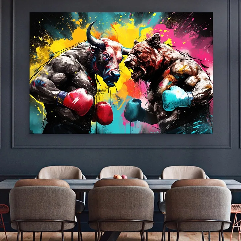 (No frame)Graffiti Bull Bear Battle Boxing Wall Street Stock Market Canvas Painting Poster Print Modern Art Picture Living Ro