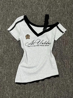 Y2k Emo Women Acubi Streetwear Short Sleeve Off Shoulder Print T-shirts Aesthetic Grunge Tshirt Top Gyaru Tees 2000s Clothes