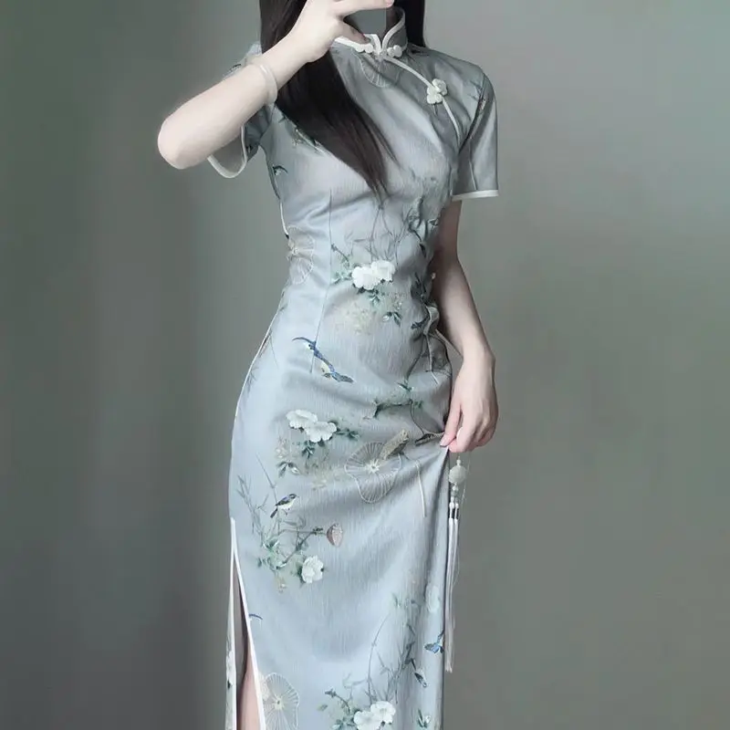 New Chinese Style Cheongsam Dresses Female Summer 2024 New Pattern Waist Temperament Short Sleeve Stand Collar Women\'s Clothing