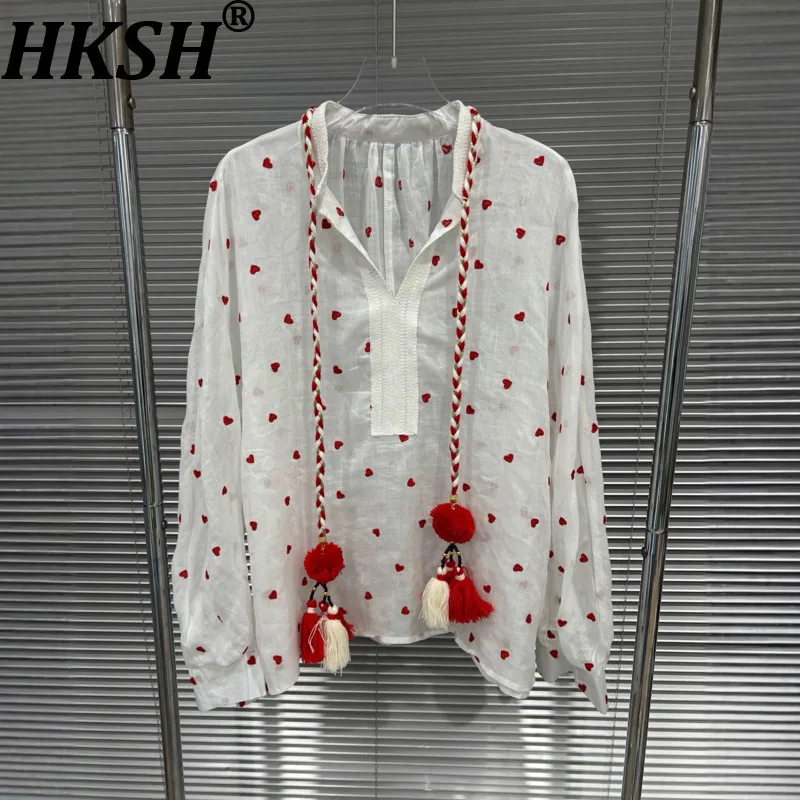 

HKSH осенняя новая женская рубашка с принтом сердца контрастного цвета с v-образным вырезом и длинным рукавом, модные элегантные универсальные стильные милые топы HK10557