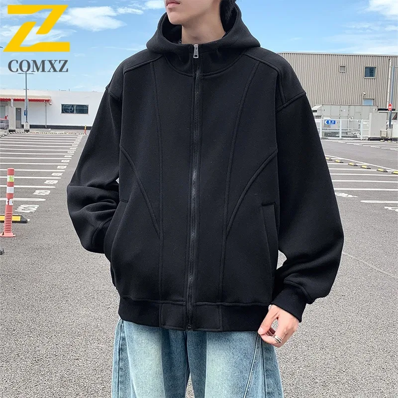 

COMXZ Men American Streetwear Lazy Style Heavyweight Hoodie Zip Up Jacket Spring Autumn Top Loose Fit Casual Hooded Cardigan Top
