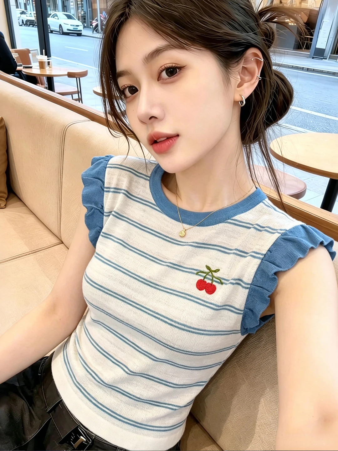 

Korean Style round Neck Embroidered Striped Color Block Fly Sleeve Knitted Sweater Women's Slimming Fashionable Top Summer Ne...