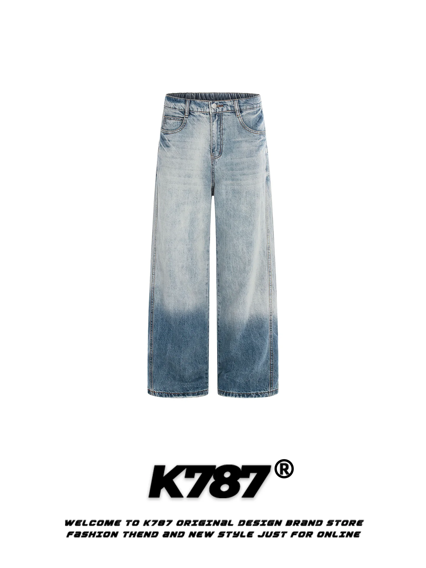 

K787 American Street Style Gradual Washed Denim Jeans Loose Casual High Waist Wide Leg Floor-Length Trousers for Men