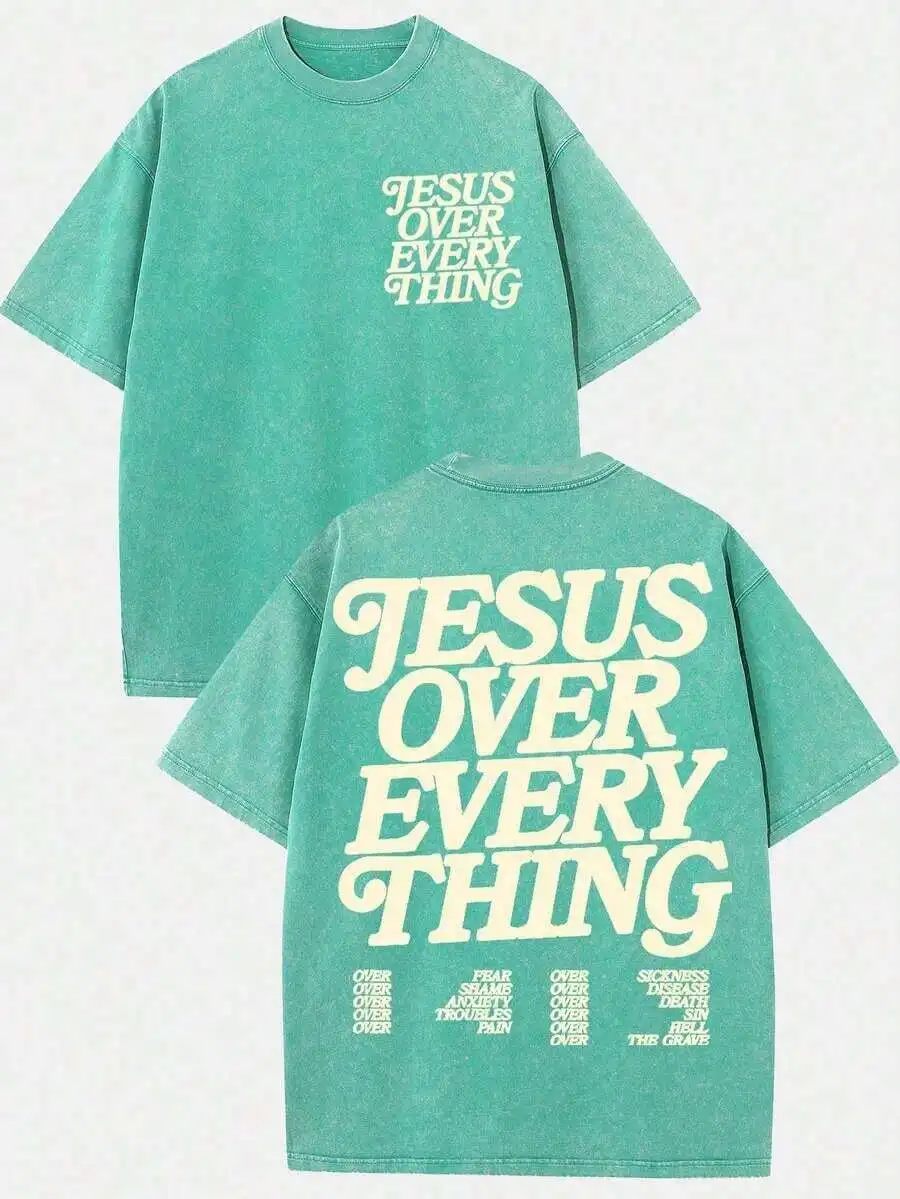 2026 Summer Women Oversized Faith Graphic Tee Mineral Washed 230g Heavy Cotton Front Back Print Jesus Over Everything Christian Scripture Inspired Religious Crewneck Short Sleeve Top Aesthetic Loungewear Church Daily Casual Faith Based Apparel