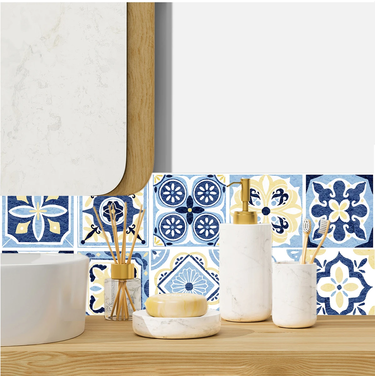 20 Pcs/pack Resh Blue-yellow Mediterranean Tile Stickers Self-Adhesive Refreshing Style for Coastal Backsplash Home Decoration
