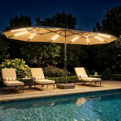 Large Beige Outdoor Patio Umbrella with Light Bar, Crank, Double-Sided, Steel Ribs and Base for Backyard, Poolside, Beach