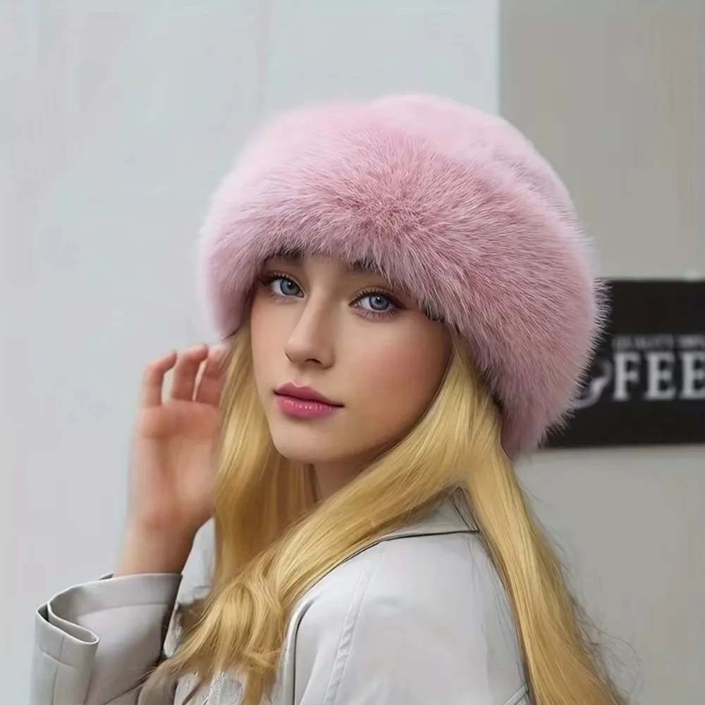 New Fluffy Fur Winter Hat Solid Color Thicken Bucket Hat Cold Windproof Berets Chrismas Gifts