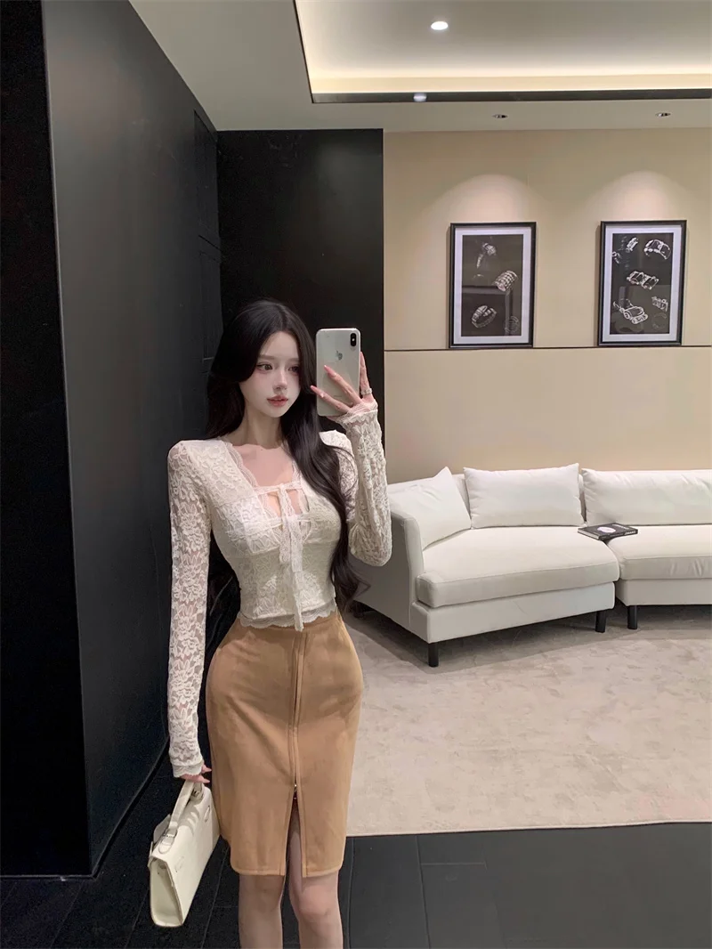 

Шикарная кружевная длинная трикотажная юбка Све, комплект из двух предметов для женщин, ранняя осень, застежка-молния с галстуком, комплект Faion