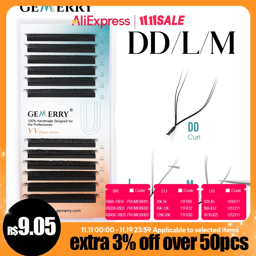 Gemerry YY forme Extensions de cils L/M/DD Curl deux pointes yeux de renard préfabriqués ventilateur cils noir mat cils fournitures de maquillage naturel