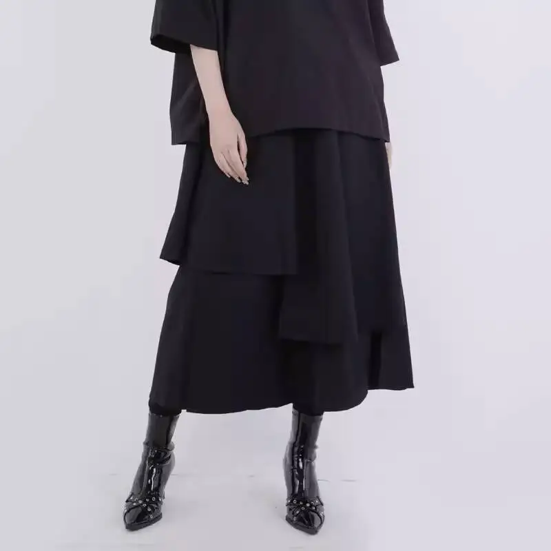 Women's Casual Pants-Style Japanese Dark Style Women's Skirt, Loose Multi-Layered Deconstructed Slit Design Black A-Line Skirt
