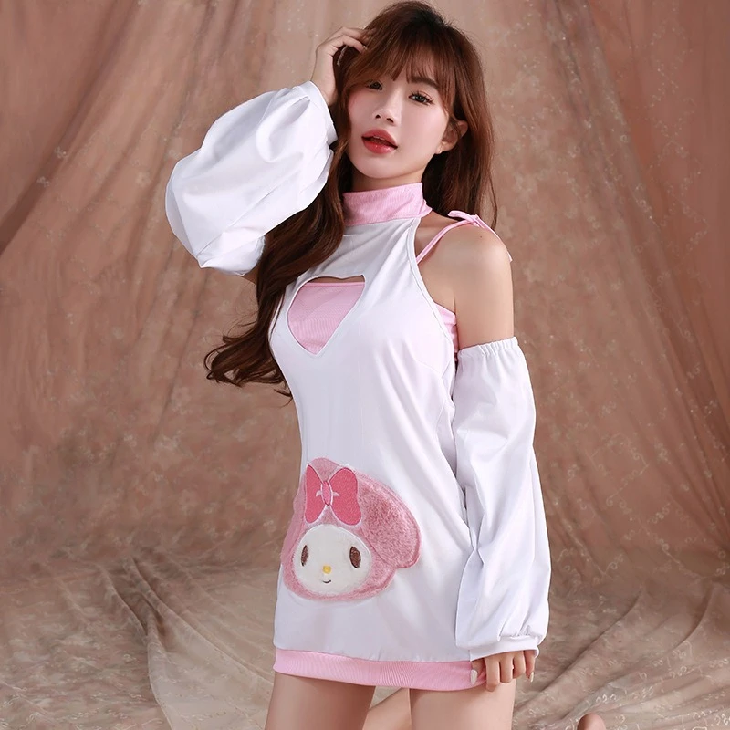Miniso's 2D شخصية لطيف أرنب التطريز الرقبة والوركين خارج الكتف مثير الملابس الداخلية فتاة حلوة ومثيرة نقية