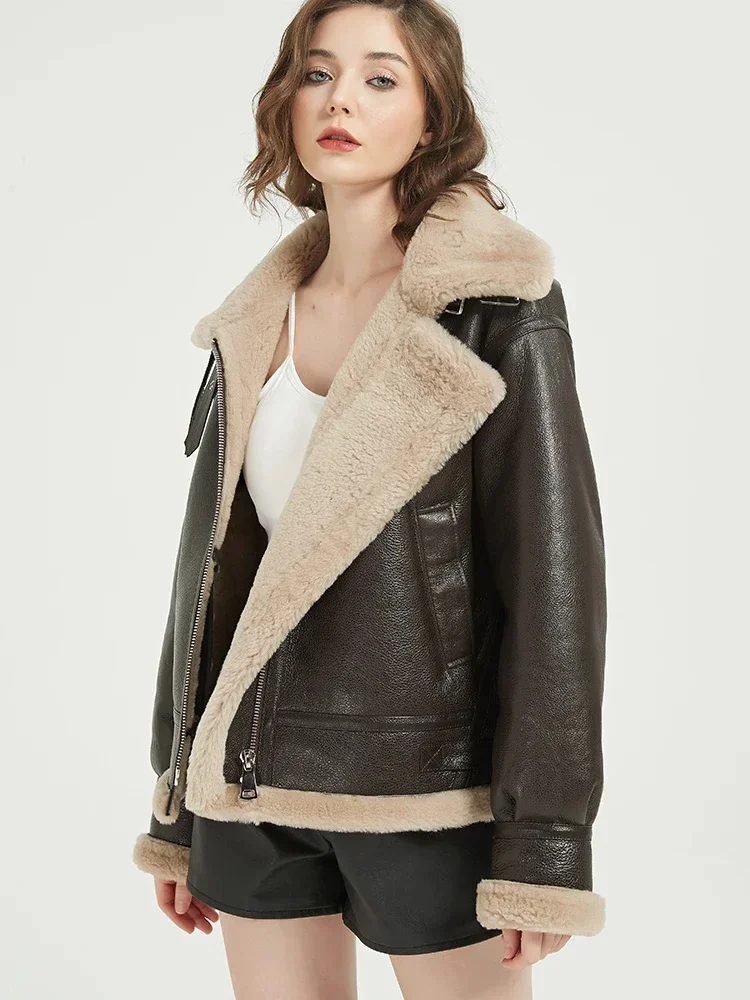 Lamb Real Wool Fur Coat Female 2024 Winter New Genuine Leather Motorcycle Jacket Brown Shearling Overcoat Women Clothing