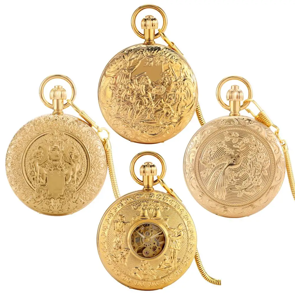 multi-style-golden-copper-mechanical-pocket-watch-automatic-movement-arabic-numerals-dial-double-hunter-fob-chain-pendant-clock